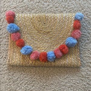 Forever 21 Straw Pom Pom Clutch with Pink, Blue & Orange Accents